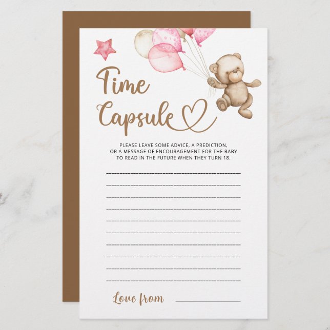 Time capsule teddy bear baby shower game (Front/Back)