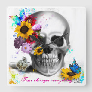 Time changes everything floral butterfly skull square wall clock