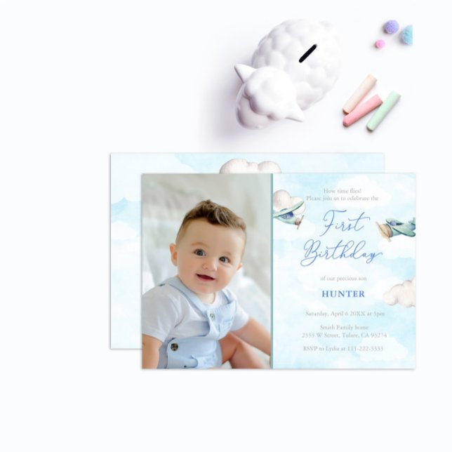 Time Flies Aeroplane 1st Birthday Party Boy Photo Invitation (Creator Uploaded)