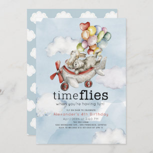 Time Flies Aeroplane Balloons Bear & Bunny Birthda Invitation
