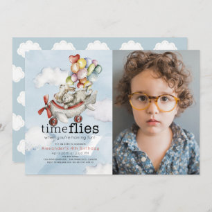 Time Flies Aeroplane Bear Bunny Birthday Photo Invitation