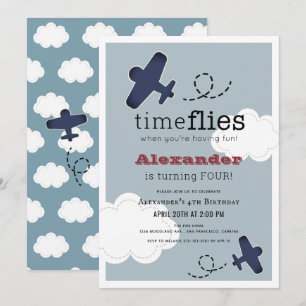 Time Flies Aeroplane Blue Boy Birthday Invitation
