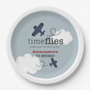 Time Flies Aeroplane Blue Boy Birthday Paper Plate