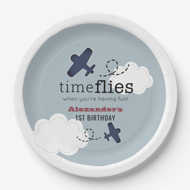 Time Flies Aeroplane Blue Boy Birthday Paper Plate (Front)