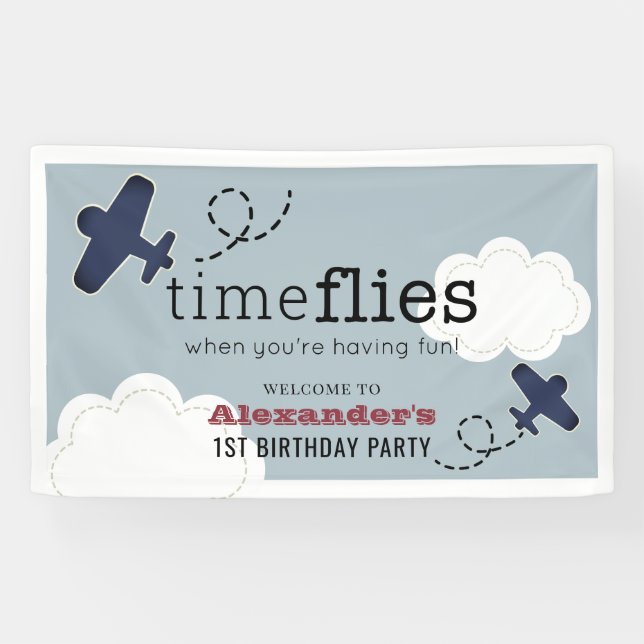 Time Flies Aeroplane Blue Boy Birthday Welcome Banner (Horizontal)