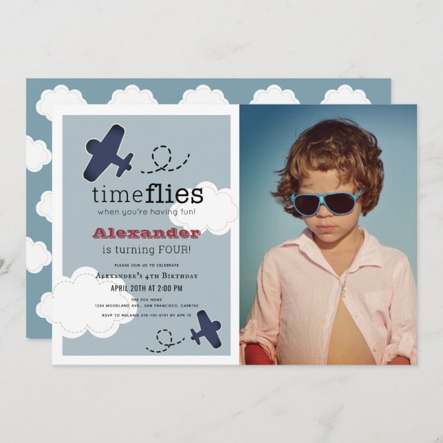 Time Flies Aeroplane Blue Boy Photo Birthday Invitation (Front/Back)