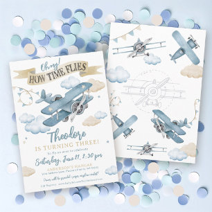 Time Flies Aeroplane Cool Blue Boy Birthday Party Invitation
