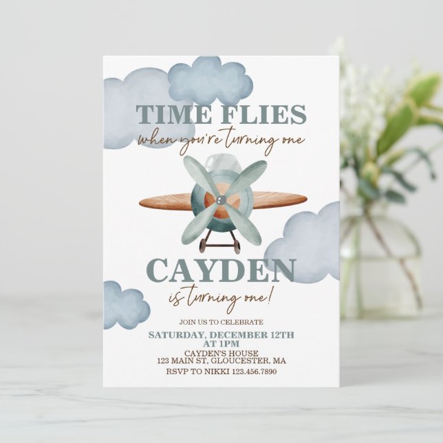 Time Flies Aeroplane First Birthday Invitation (Standing Front)