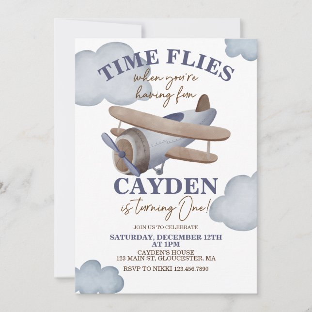 Time Flies Aeroplane First Birthday Invitation (Front)