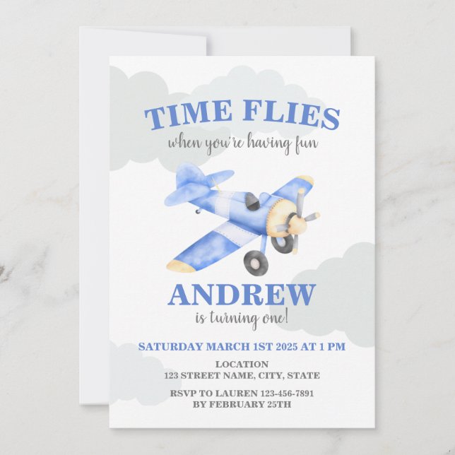 Time Flies Aeroplane First Birthday Invite (Front)