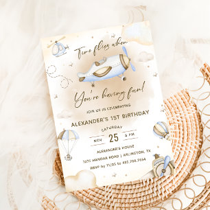 Time Flies Aeroplane First Birthday Party  Invitation