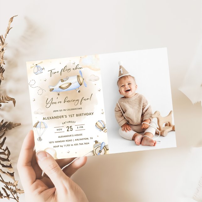 Time Flies Aeroplane First Birthday Party Photo  Invitation (Creator Uploaded)