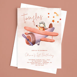 Time Flies Aeroplane Girl 1st Birthday Invitation