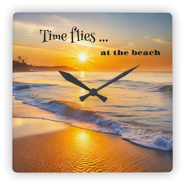 Time Flies Beach Sunset  Square Wall Clock (Classic design wall clock featuring a sunset on the beach)