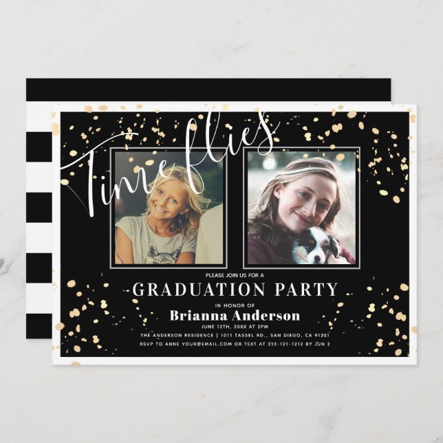 Time Flies Black Stripe Gold Photo Graduation Invitation (Front/Back)