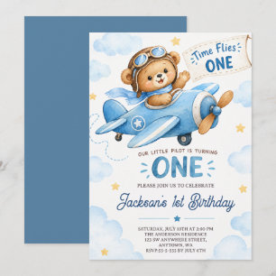 Time Flies BLUE Aeroplane Teddy Bear 1st Birthday Invitation