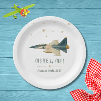 Time Flies Fighter Jet Aeroplane Boy First Birthda Paper Plate