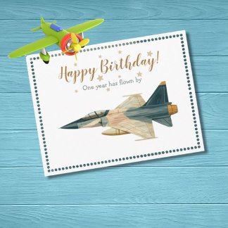 Time Flies fighter jet Aeroplane Boy First Birthda Postcard