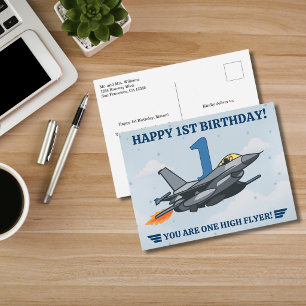 Time Flies fighter jet Aeroplane Boy First Birthda Postcard