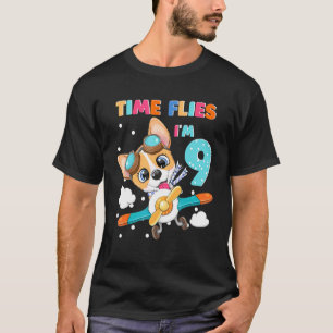 Time Flies Im 9 9th Birthday Corgi Pilot Flying Bo T-Shirt