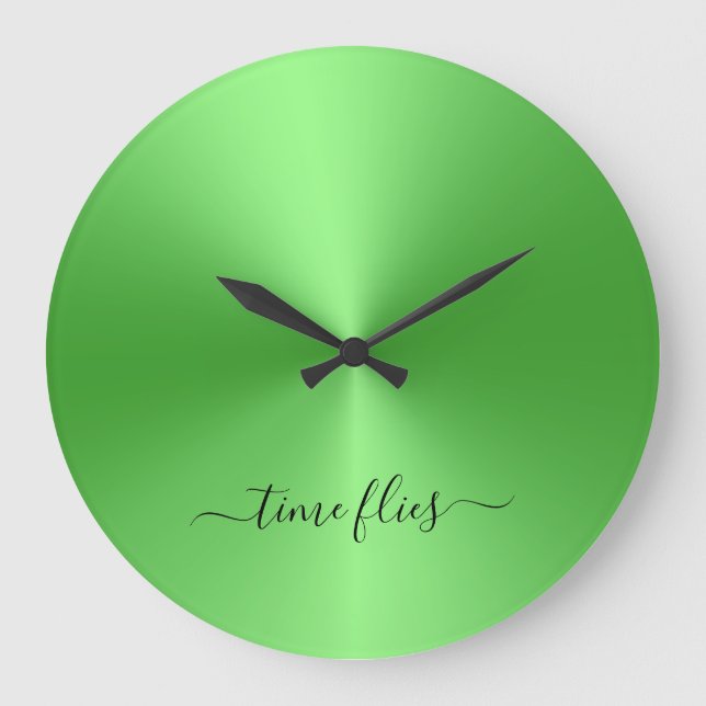 Time Flies Neon Green Metallic Style Acrylic Large Clock (Front)