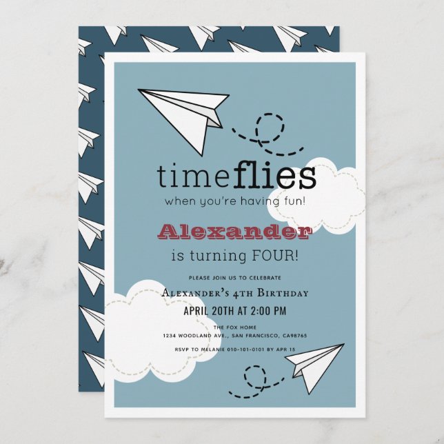 Time Flies Paper Plane Blue Boy Birthday Invitation (Front/Back)
