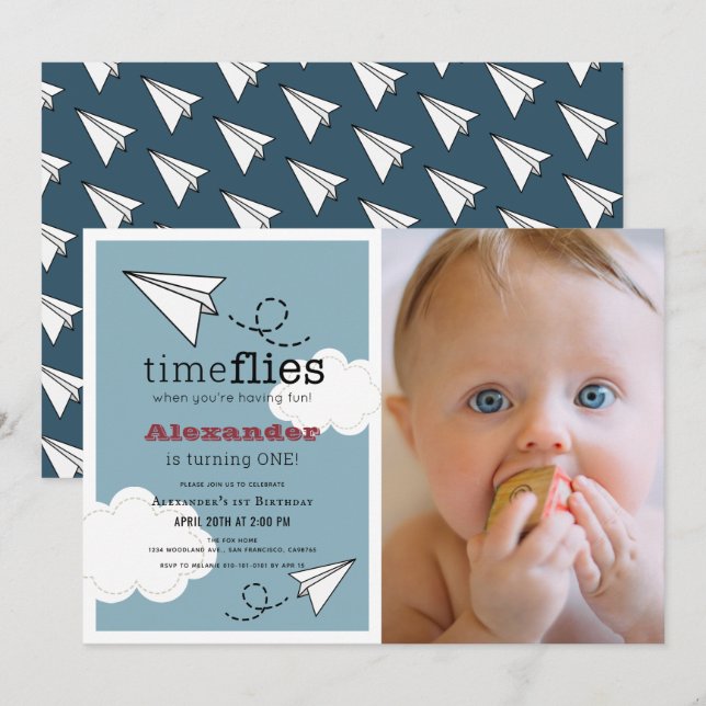 Time Flies Paper Plane Blue Boy Photo1st Birthday Invitation (Front/Back)