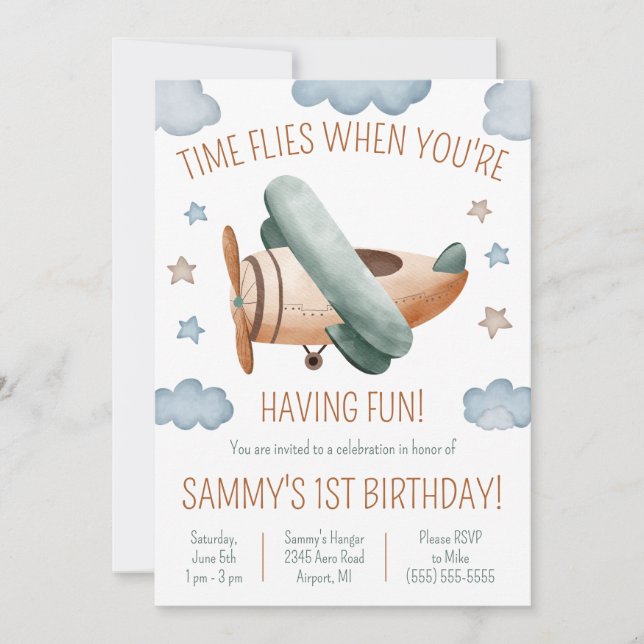 Time Flies When You're Having Fun Biplane Birthday Invitation (Front)