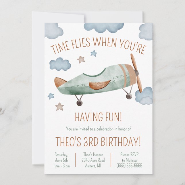 Time Flies When You're Having Fun Plane Birthday Invitation (Front)