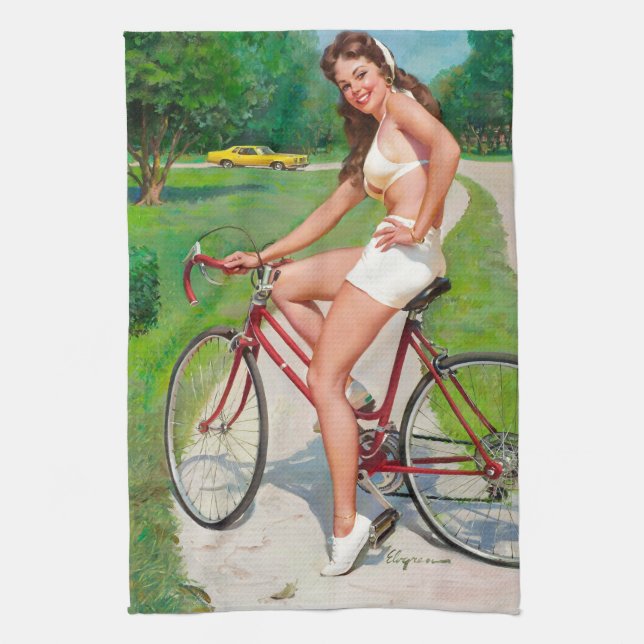 Time for a Ride - Retro Pin-up Girl Tea Towel (Vertical)