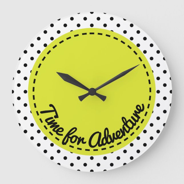 "Time for Adventure" Dots Black & White Clock (Front)