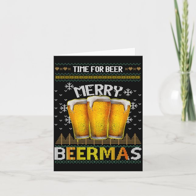 Time For Beer Merry Beermas Funny Christmas Beer L Card (Front)
