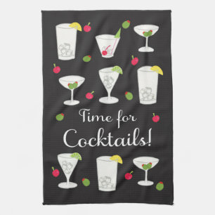 Time for Cocktails Classic Retro Drinks Black Tea Towel