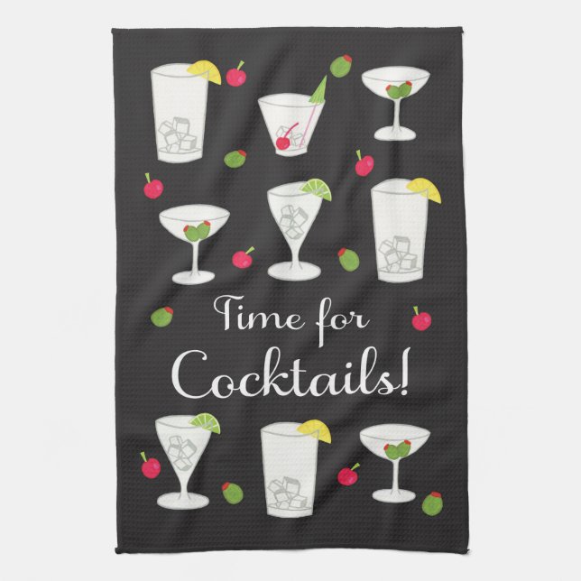 Time for Cocktails Classic Retro Drinks Black Tea Towel (Vertical)