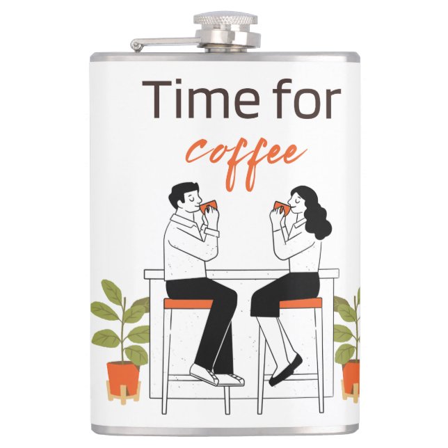 Time for Coffee Cute Couple Illustratio Mug, 15 oz Hip Flask (Front)