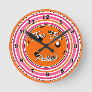 Time for Pickleball Pink and Orange Round Clock