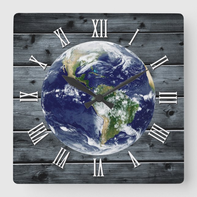 Time for Planet Earth, trendy Rustic Wood  Square Wall Clock (Front)