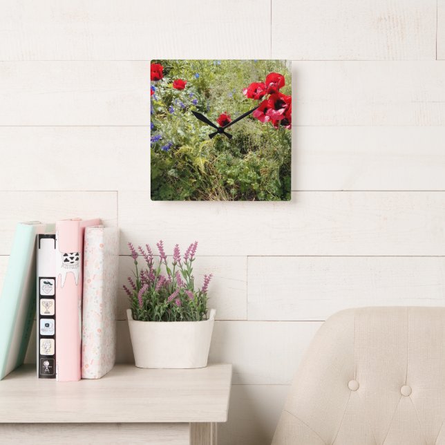 Time for poppies square wall clock (Reading Room)