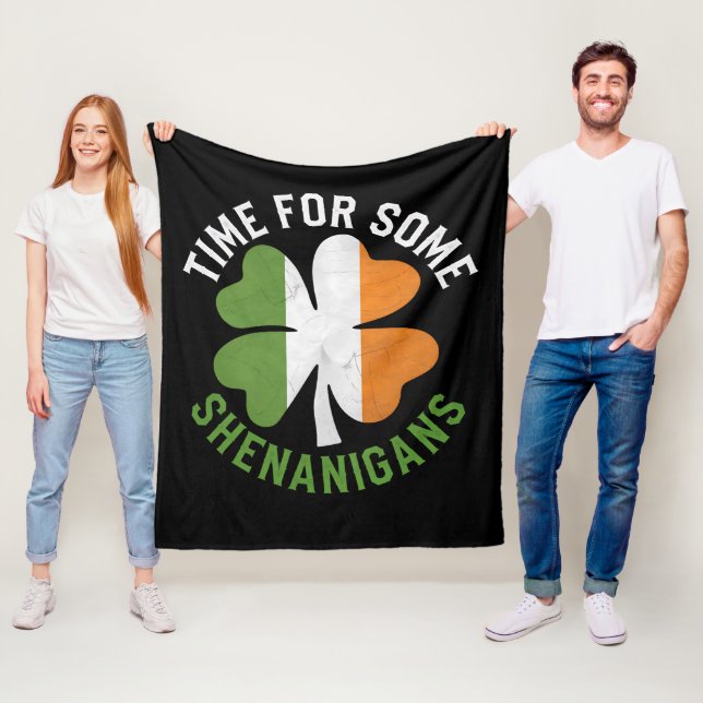 Time For Some Shenanigans Clover St Patrick's Day Fleece Blanket (In Situ)