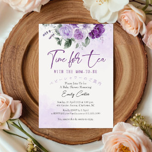 Time for Tea Baby Shower Purple Floral Watercolor Invitation