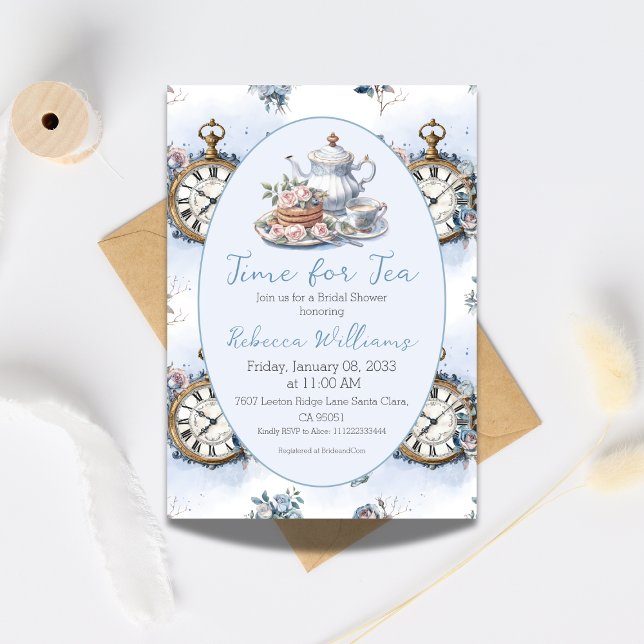 Time for Tea Brunch Blue Floral Bridal Shower  Invitation (Creator Uploaded)