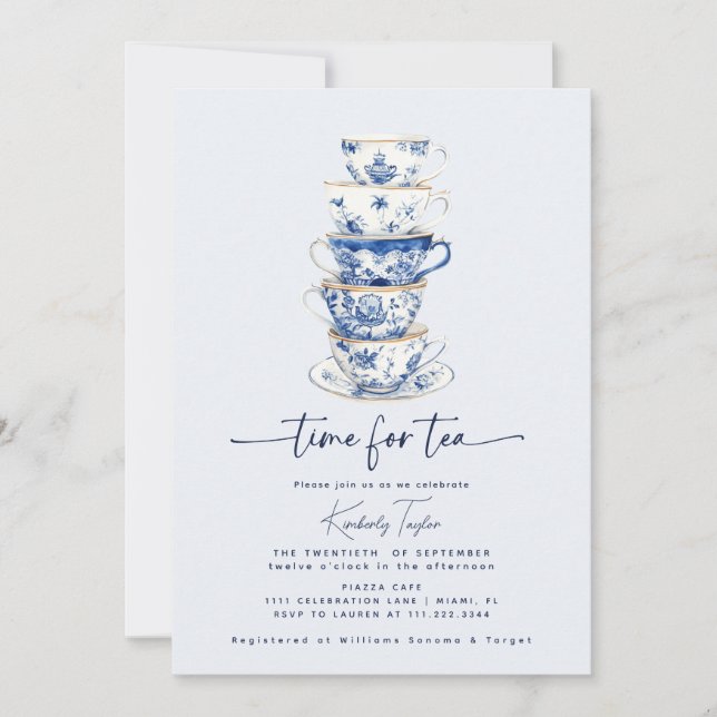 Time for Tea Chinoiserie Dusty Blue Bridal Shower Invitation (Front)