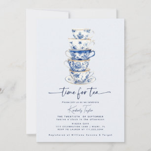 Time for Tea Chinoiserie Dusty Blue Bridal Shower Invitation