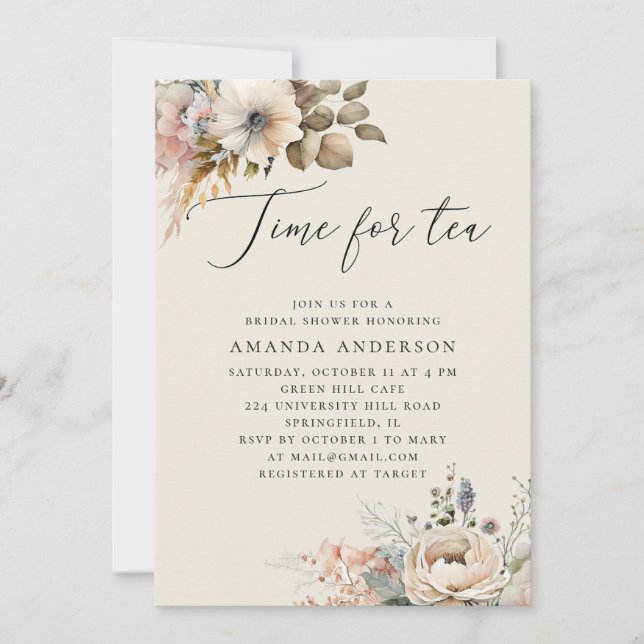 Time for tea. Elegant boho floral bridal shower Invitation (Front)