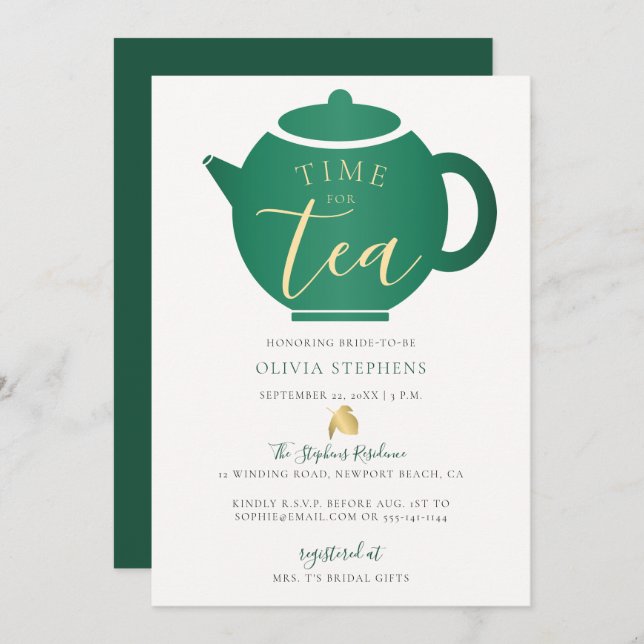 Time for Tea Elegant Emerald Gold Bridal Shower Invitation (Front/Back)