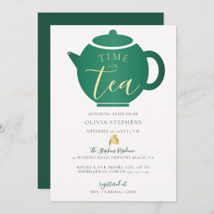 Time for Tea Elegant Emerald Gold Bridal Shower Invitation
