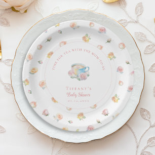 Time For Tea Elegant Floral Tea Party Baby Shower Paper Plate