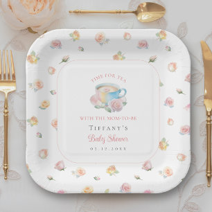 Time For Tea Elegant Floral Tea Party Baby Shower Paper Plate