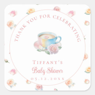 Time For Tea Elegant Floral Tea Party Baby Shower Square Sticker