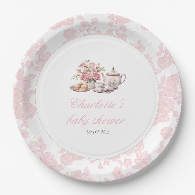 Time for Tea Elegant Pink Floral Toile Paper Plate (Front)